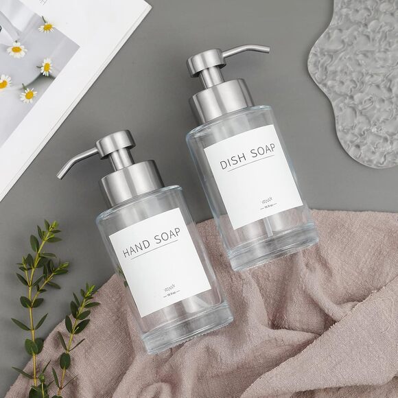 Glass Soap Dispenser Set 12oz with Stainless Steel Pump, Waterproof Labels - Picture 9 of 13
